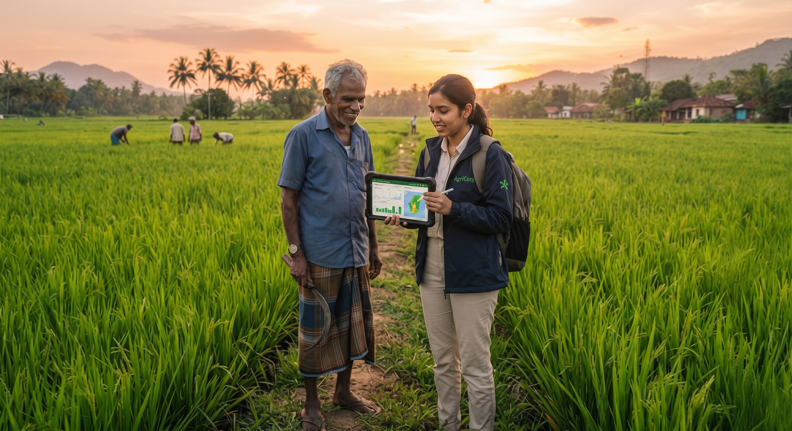 Farmer and technician in rice paddy